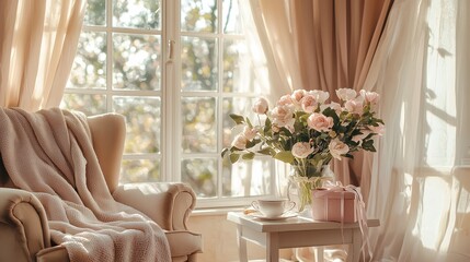 A serene sitting area featuring an armchair draped with a blanket, next to a table holding a teacup and a vase filled with spring blossoms, by a sunlit window.