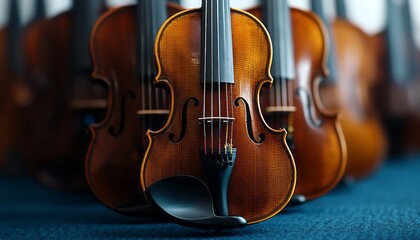 A collection of finely crafted violins displayed elegantly on a blue velvet surface