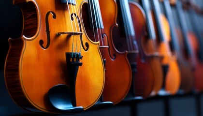 Naklejka premium Beautifully crafted violins displayed in a musical shop during the afternoon