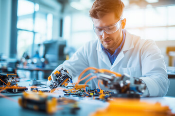 A technician focuses intently on assembling electronic components in a lab, utilizing robotic hands for intricate work