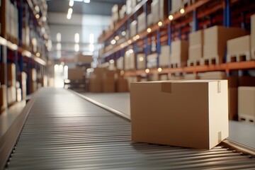 Fototapeta premium A cardboard box sitting in front of an unlit conveyor belt inside a warehouse, ready to be shipped. In the background