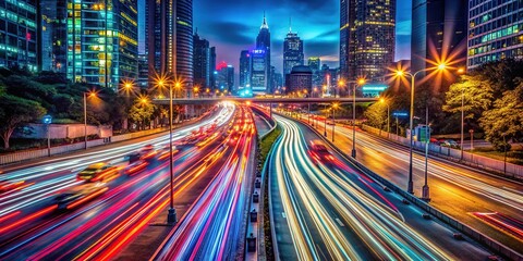 Fototapeta premium Surreal Night City Traffic, AI Art, Urban Photography, Abstract, Night Driving, Lights, Cars, Architecture, Surrealism