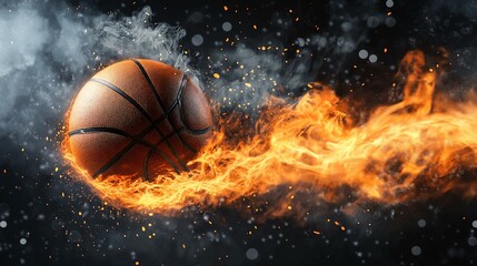 Dynamic basketball engulfed in fiery motion, symbolizing intense energy and passion for the sport.