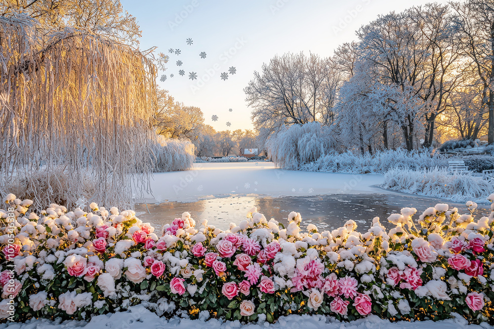 Poster a tranquil lake scene features pink roses in the foreground, surrounded by snow-covered trees under 