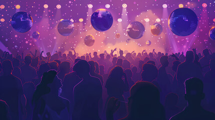 purple party background with silhouettes of a crowd and disco lights