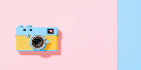 A vibrant, retro-style camera rests on a pink and blue background, showcasing a playful design perfect for photography enthusiasts.