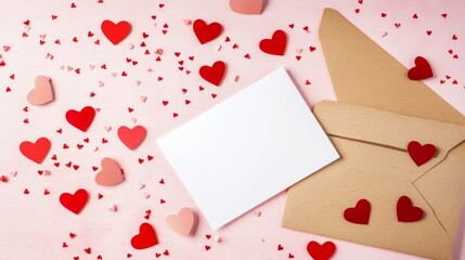 blank letter next to an envelope on a pink background with hearts. valentine's day concept