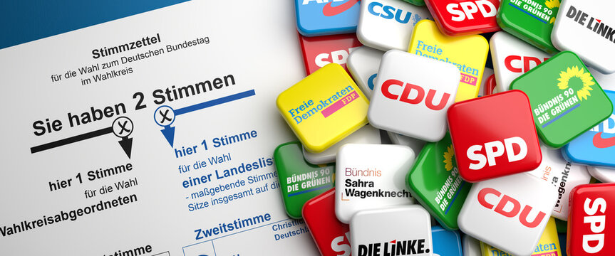 Concept shot for German election of the "Bundestag". Logos of the biggest German political parties (CDU, CSU, SPD, Die Gr&uuml;nen, FDP, Die Linke, BSW, AfD) on a heap on a ballot paper.