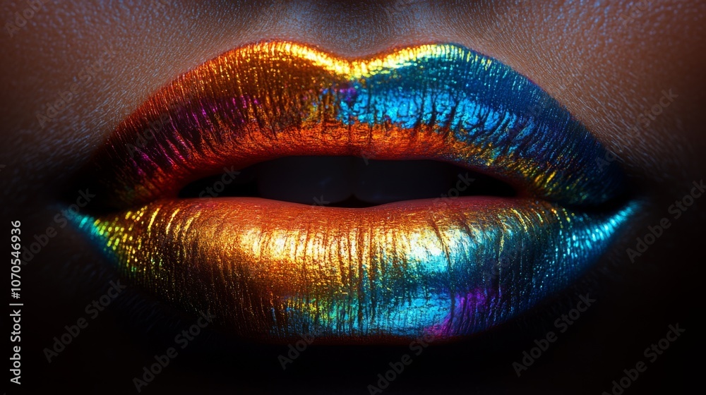 Wall mural Vivid multicolor artistic lips with vibrant colors white woman chameleon and melt chrome skin