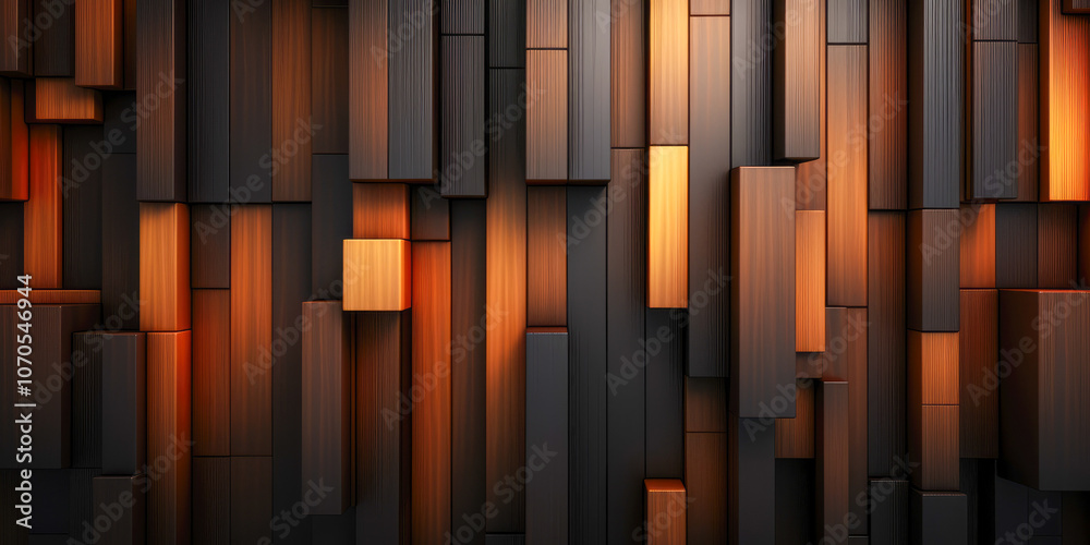 Poster an array of cascading geometric wooden blocks highlighted by warm lighting forms a visually captivat