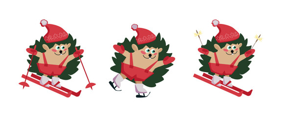 Cartoon funny sporty hedgehog in hat and mittens on skis and skates - color vector winter flat illustration, character set