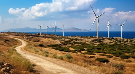 wind turbine in the wind, wind turbine in the field, close-up of wind generator, wind turbine against blue sky