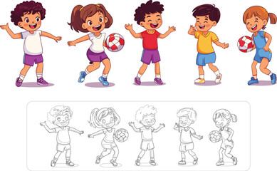 Group of Happy Children Playing Soccer with Smiling Expressions