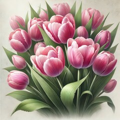 Fototapeta premium Pink Tulip Bouquet Spring Flowers Floral Arrangement Nature Illustration Watercolor Painting
