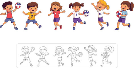 Fototapeta premium Joyful Kids Playing Ball in Colorful Cartoon Style