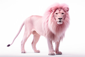 Obraz premium A striking pink lion with luxurious mane stands majestically, exemplifying grace and uniqueness, set against a bright backdrop.
