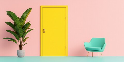 A vibrant interior featuring a yellow door, mint green chair, and lush plant against a pink wall, creating a modern and cheerful atmosphere.