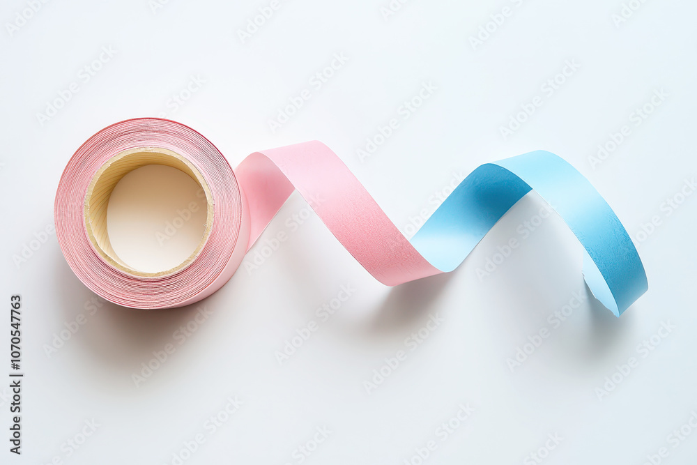 Poster roll of decorative tape in pink and blue are creatively arranged in a wavy pattern on a white backgr