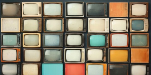 Fototapeta premium A colorful array of vintage televisions arranged in a grid, showcasing diverse screen colors and sizes, reflecting retro design and nostalgia.