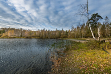 Fototapeta premium A lake with a cloudy sky in the background