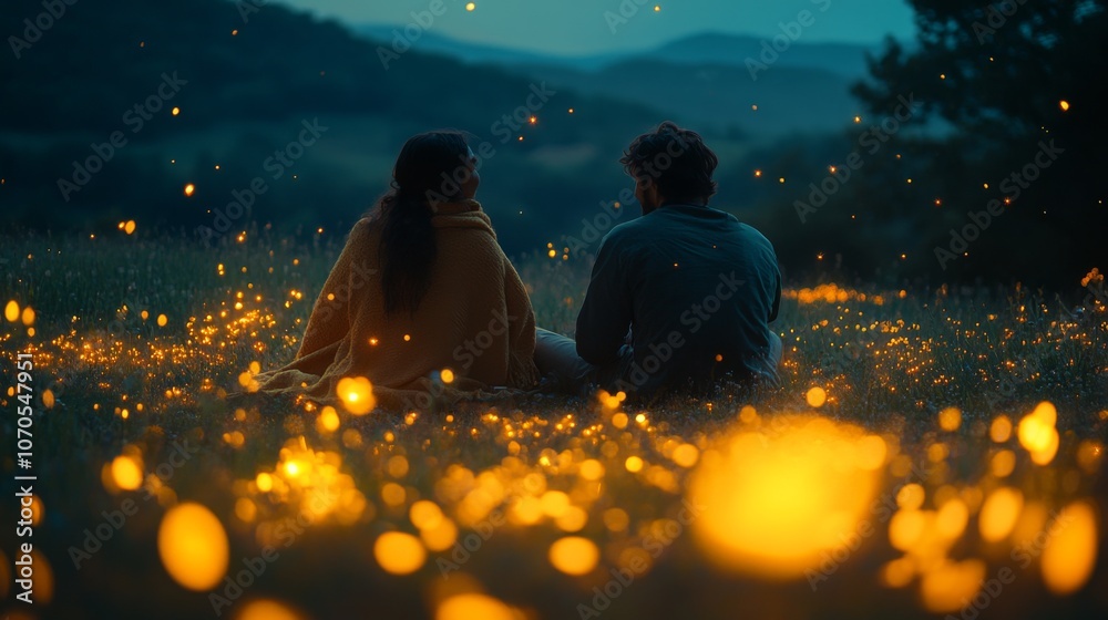 Aufkleber a couple enjoys a tranquil evening in a lush meadow as countless fireflies illuminate the landscape 