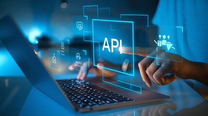 Fototapeta premium businesman interacting with a virtual interface of api, api soloution, API concept