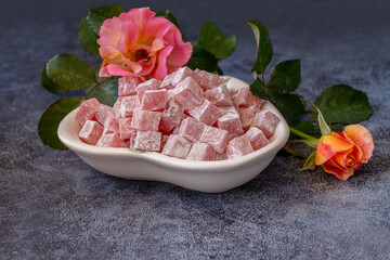 Türkish Isparta's rose delight. Rose flavored, fragrant fresh delight.