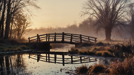 Old wooden pier sunrise background bridge on calm river waters backdrop wallpaper 8k hd  nature...