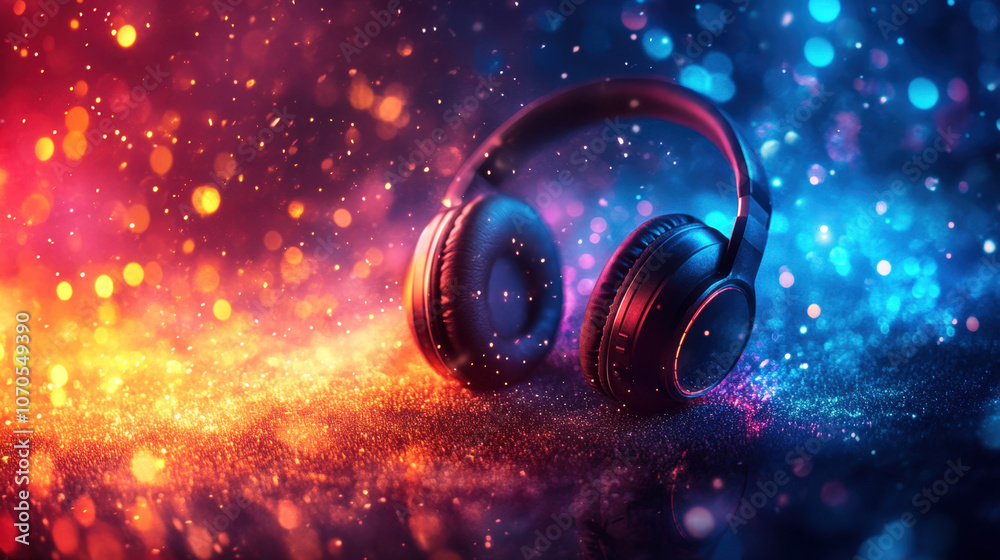 Poster headphones rest on a shimmering surface illuminated by vibrant colored lights in a dreamy, atmospher