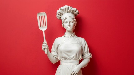 White statue of a female chef holding a spatula against a vibrant red background.