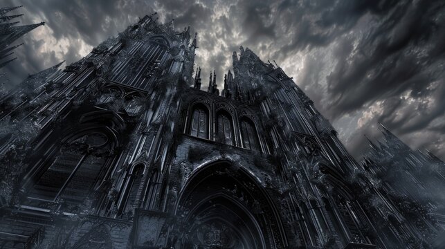 Gothic Sculpture. Demonic Cathedral in Night with Evil Horror Fantasy