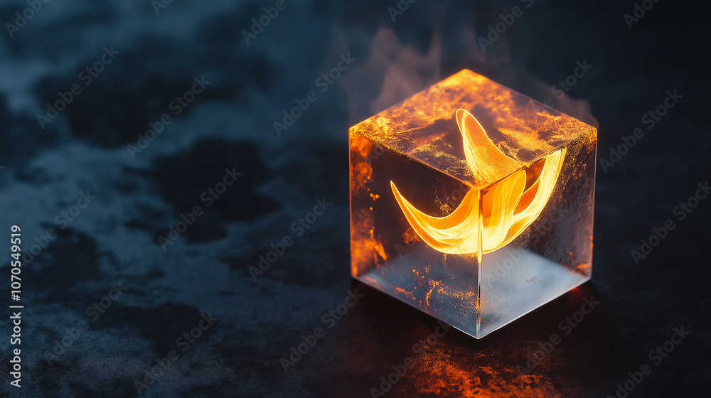 Poster glass cube containing glowing flame, symbolizing creativity and ideas, sits on dark surface, creatin