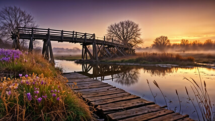 Old wooden pier sunrise background bridge on calm river waters backdrop wallpaper 8k hd  nature plants