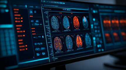 Advanced brain imaging display showcasing detailed neural scans and data analysis. vibrant colors highlight various brain regions, emphasizing technology role in neuroscience research