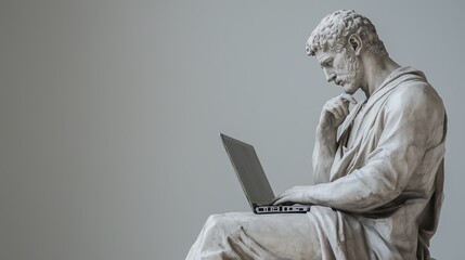 Classical statue pondering deeply while using a laptop.