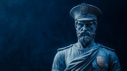 Sculpted police officer in uniform against a dramatic blue background.