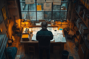 A cinematic shot of an overhead view from behind shoulder height, man sitting at his desk with papers scattered around and lamp on the table. The room is small but cozy with books in bookshelves 