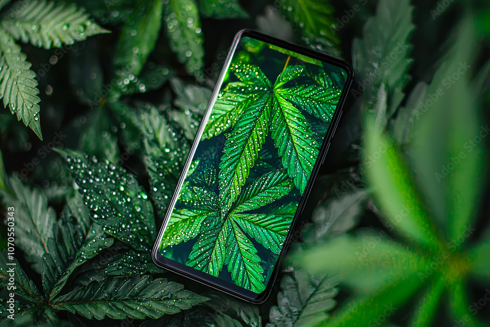 Poster the smartphone showcases intricate patterns on green leaves while nestled among greenery, capturing 