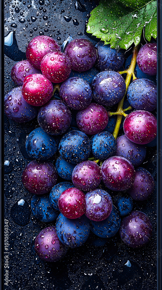 Poster a cluster of vibrant grapes resting on a dark surface, enhanced by droplets of water, showcasing the