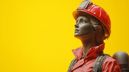 Obraz premium Female firefighter mannequin in red uniform against vibrant yellow backdrop.