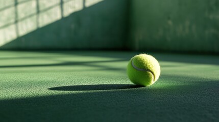 A solitary tennis ball rests on a green court, casting a shadow in soft light.