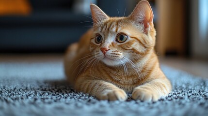 A relaxed orange cat lounging on a textured rug indoors.