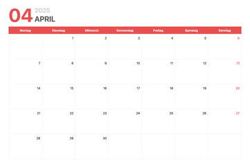 Kalender 2025. Die Woche des Kalenders 2025 beginnt am Montag. Minimalistischer und sauberer...