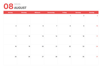 Kalender 2025. Die Woche des Kalenders 2025 beginnt am Montag. Minimalistischer und sauberer...