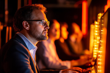 A man intently observes his computer screen while working alongside two colleagues in a dark office