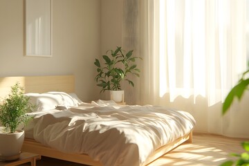 Minimalist bedroom with sunlight streaming through sheer curtains, a wooden bed frame, and a potted plant.