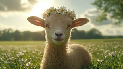 Obraz premium Goat with a Flower Crown