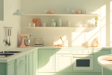 Minimalist kitchen interior with white cabinets and a light green countertop. Sunlight streams through the window.