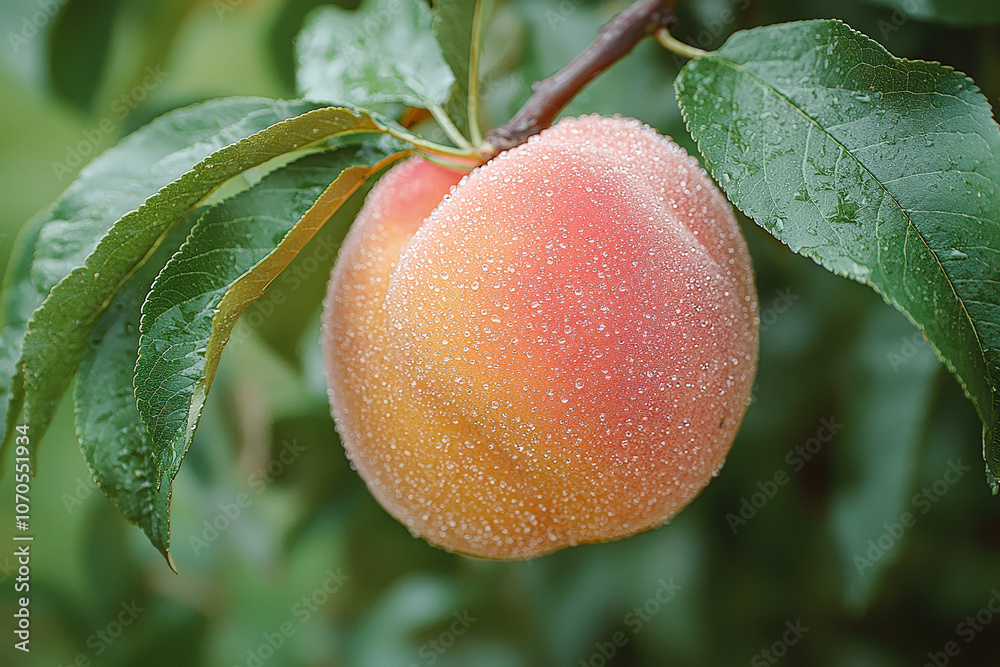 Poster a ripe peach adorned with morning dew rests on a tree branch in an orchard, showcasing vibrant color
