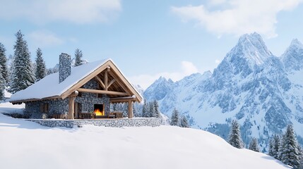 Cozy Stone Cabin Fire Winter Mountain View